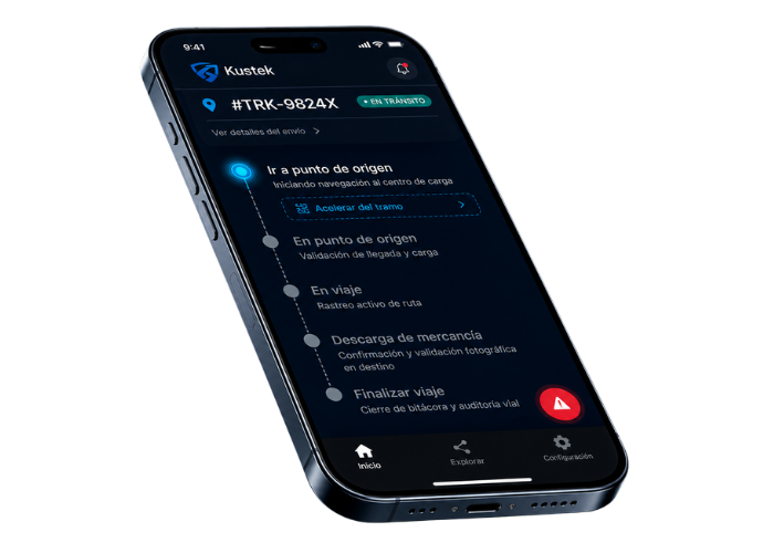 App móvil de Kustek para custodios: bitácora paso a paso del viaje custodiado y botón de pánico